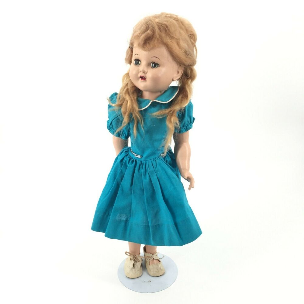 Antique Baby Doll Blonde Hair Blue Dress 18" Pin Joint Legs Vintage Hard Plastic